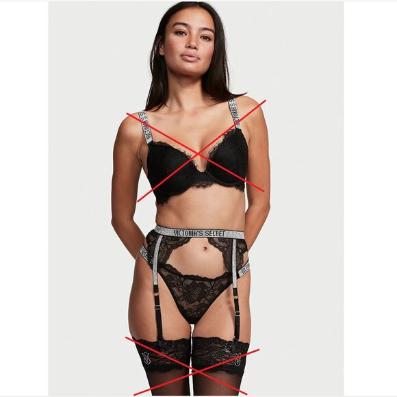 Victoria's Secret Shine 3 Piece Matching Lace Set w/ Lace Stockings - Picture 4 of 16